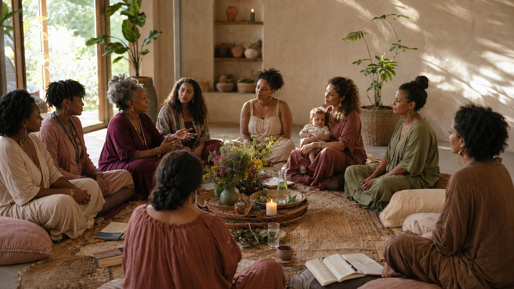 Women seated in a healing circle with fresh herbs and candlelight in a sunlit room