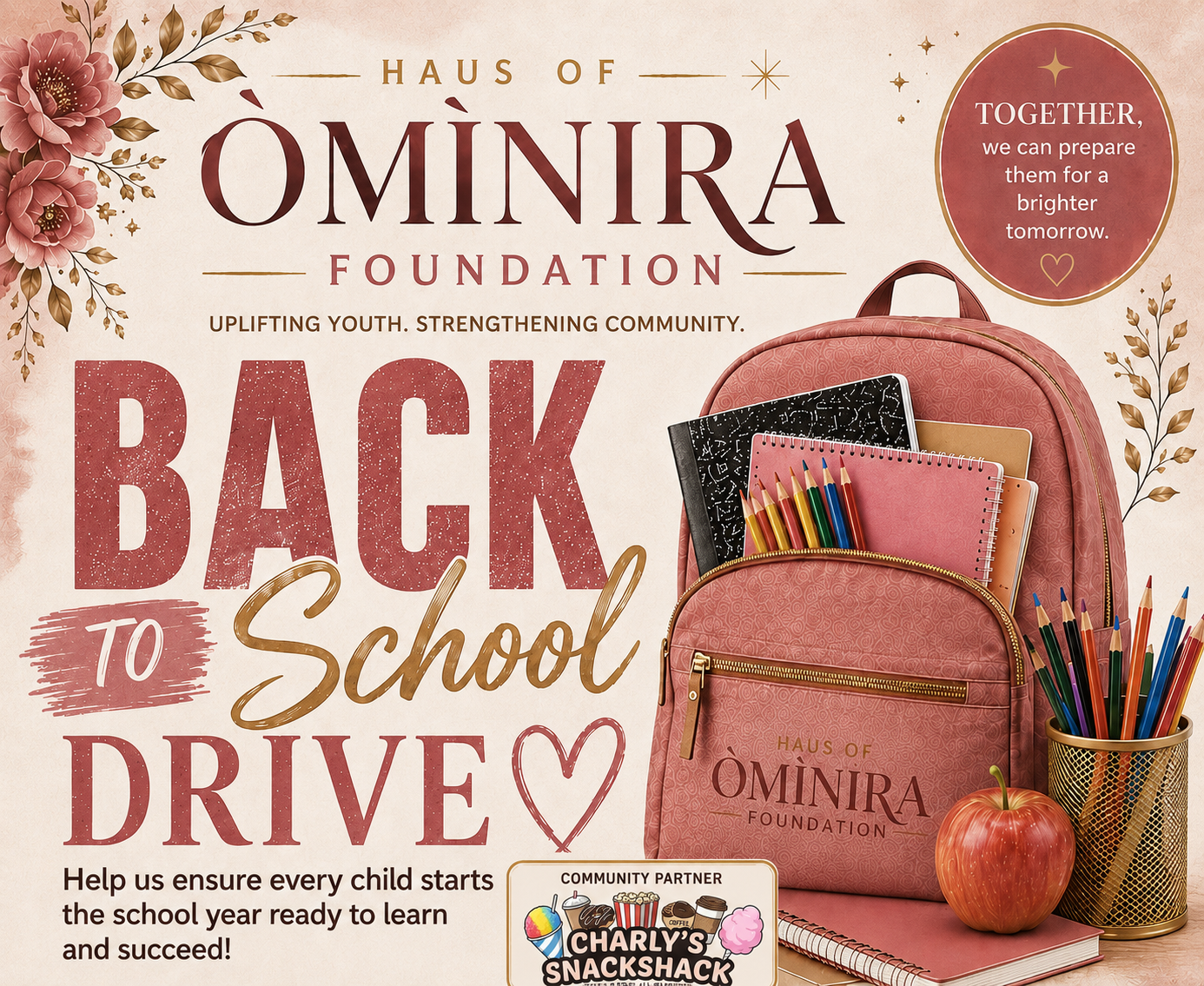 Haus of Òmìnira Foundation Back to School Drive flyer with donation levels, Cash App handle $OminiraFoundation, and event details