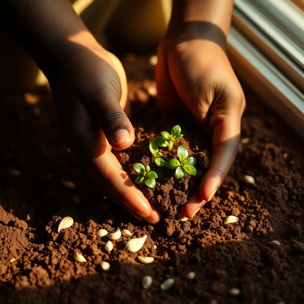 Hands cradling rich soil with sprouting seedlings and seeds