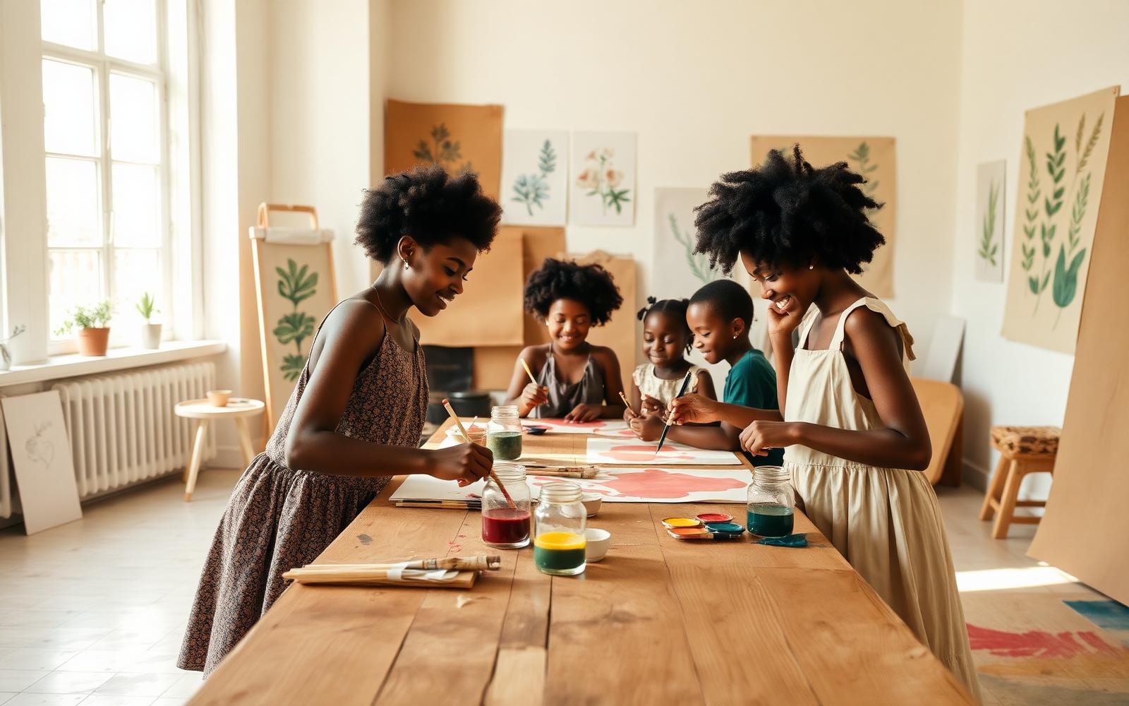 Children and teens painting together at a wooden table in a sunlit art studio